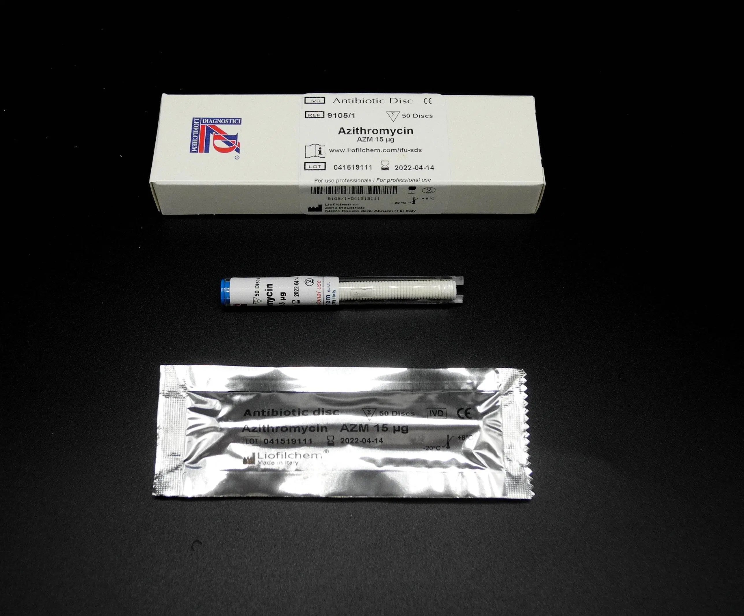 Liofilchem AST DISC Amoxicillin 10 + Clavulanic Acid microbiology testing disc for lab use, showing disc and packaging.